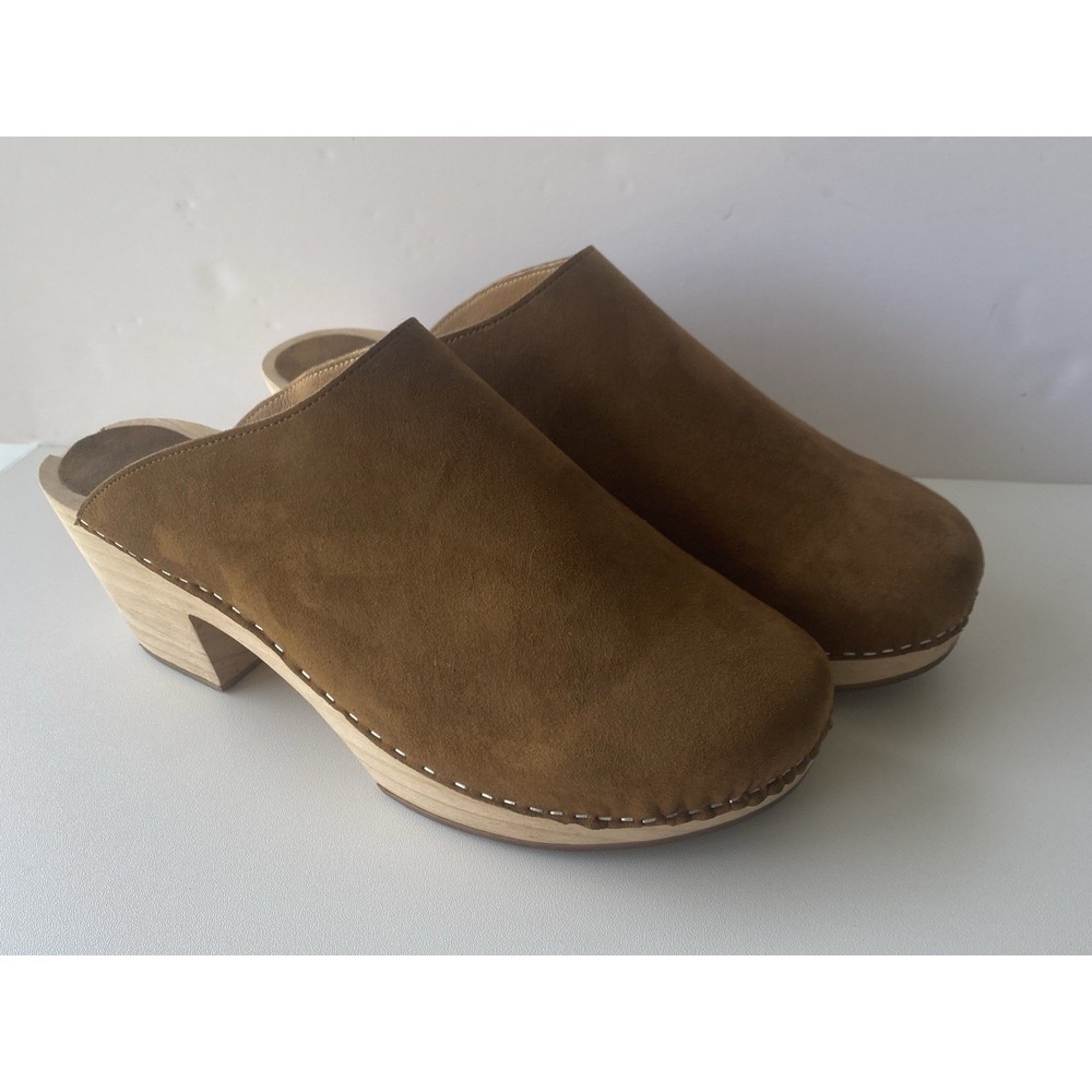 Novacas Vegan Suede‎ Wooden Platform Clogs Sz 41 Cognac Brown Sustainable